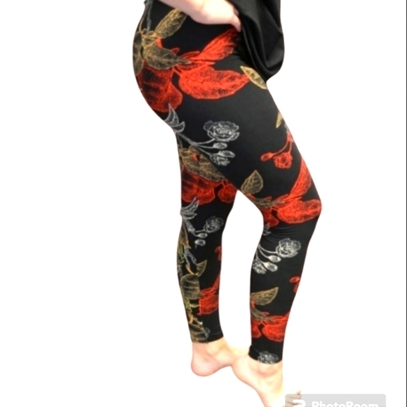 LEGGINGS DEPOT Black & Red Floral Print Full length Size 12-20 NWT - Picture 2 of 7